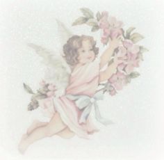 an angel with wings holding flowers in her hands and wearing a pink dress, sitting on the ground