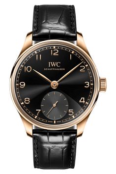 18 ct 5N gold case, Automatic winding, Diameter 40.4 mm, Black dial, Black alligator leather strap by Santoni, Strap... width 20.0 mm. Iwc Watch, Watch Reference, Iwc Watches, Latest Watches, Rose Gold Case, Side Profile, Mens Luxury, Gold Case, Luxury Watches For Men