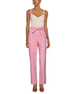 plain weave, no appliqués, checked, high waisted, wide leg, regular fit, drawstring closure, multipockets, stretch , Color: Fuchsia , Size: 2 Gingham Cotton Pants, Summer Plaid Loungewear Pants, Spring Plaid Loungewear Pants, Summer Plaid Pants For Loungewear, Chic Plaid Straight Leg Pants, Chic Plaid Wide Leg Pants, Chic Plaid Straight Leg Bottoms, Cotton Wide Leg Pants With Tie Waist For Work, Summer Plaid Wide-leg Bottoms