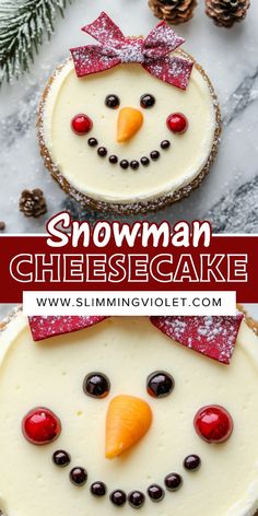 two snowman cheesecakes on top of each other with pine cones in the background