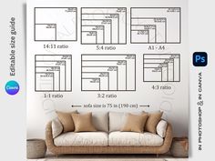 a couch sitting in front of a white wall with measurements for the top and bottom