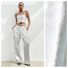 Nwt. Zara Trf Silver Metallic Fabric High-Waisted Cargo Pants With Side Patch Pockets And Back Pockets. Front Zip And Snap Button Closure. Size L. Ref. 6929/409. Waist 17" Flat, Rise 13", Inseam 32,5". I Chic Stretch Summer Cargo Pants, Chic Stretch Cargo Pants For Summer, Chic Summer Stretch Cargo Pants, Fitted Wide Leg Cargo Pants For Night Out, High Waist Cargo Pants For Summer Night Out, High Waist Summer Cargo Pants For Night Out, High Waist Cargo Pants For Night Out In Summer, Fitted Straight Cargo Pants For Night Out, Fitted Wide Leg Cargo Pants For Party