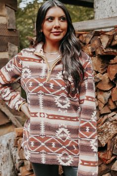 Aztec Zipped Sherpa Pullover Sweatshirt Brown Half-zip Top For Winter, Casual Brown Half-zip Top, Wholesale Sweatshirts, Western Outfits Women, Sherpa Pullover, Vest Coat, Quarter Zip Sweatshirt, Shop Sweatshirts, Western Outfits