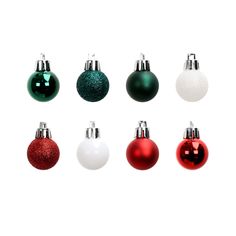 christmas ornaments are arranged in different colors and sizes, including red, white, green, and silver