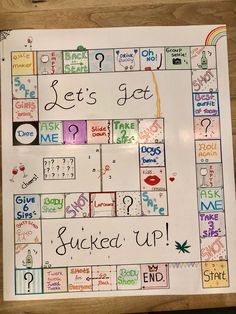 a game board with words and pictures on it that says let's get stuck up