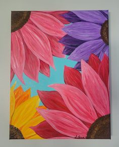 an acrylic painting of pink, yellow and purple flowers on a blue background