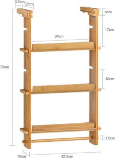 a wooden shelf with three shelves and measurements