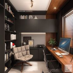 a home office with black walls and wooden shelves