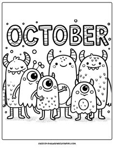 an adult coloring page with the words october and three small monsters in black and white