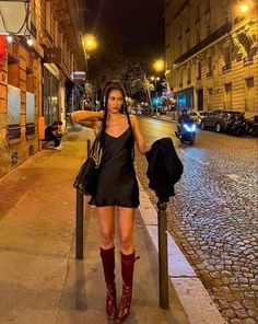 Thigh High Boots Mini Dress, Mini Dress Going Out Outfit, Paris Clubbing Outfit, Chicago Club Outfit Night, La Club Outfit Night Out, Summer Club Outfits Night Clubwear, Short Black Dress With Boots, Red Boot Outfit Ideas, Paris Club Outfit