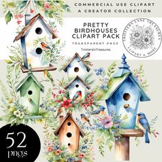 watercolor birdhouses clipart pack