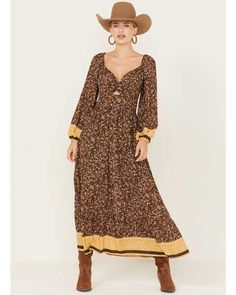 Wild Moss Women's Floral Border Print Long Sleeve Maxi Dress Long Sleeve Maxi Dress Black, Semi Casual Dresses, Dan Post Boots Woman, Boot Barn, Women's Circle, Skirts With Boots, Sleeve Maxi Dress, Border Print, Todays Outfit