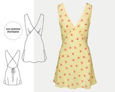 the front and back view of a dress with an attached neckline, designed by sewing patterns