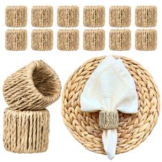 woven napkins and placemats in wicker baskets on white background with clipping for text