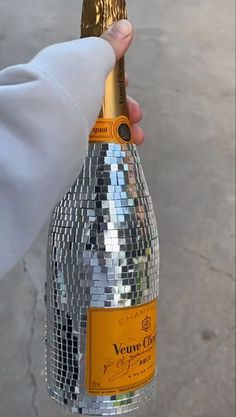 a person holding a bottle of wine in front of a mirror ball on the ground