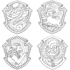 the four emblems for harry potter's house, which are outlined in black and white