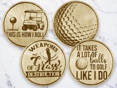 Tee up the laughter with our Wooden Golf Coaster Set - the perfect blend of humor and functionality for golf enthusiasts!  Hilarious Golf Designs:  Each coaster boasts a witty and amusing golf-themed design, these coasters turn your table into a putting green of humor. Premium Craftsmanship:  Crafted from finished Eucalyptus wood, our coasters are not only durable but also showcase a natural, rustic charm.  Perfect Gift for Golf Enthusiasts:  Searching for a unique and entertaining gift? Our Woo Glowforge Coasters, Golf Wood Projects, Wooden Golf Putter, Laser Engraved Golf, Gamer Coasters, Wooden Engraved Coasters, Wood Laser Ideas, Funny Coasters, Engraved Coasters