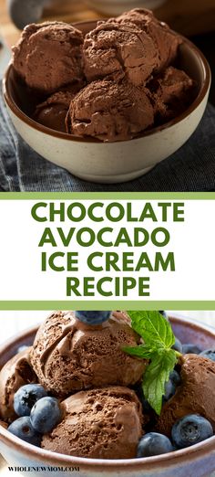 chocolate avocado ice cream recipe in a bowl with blueberries and mint leaves