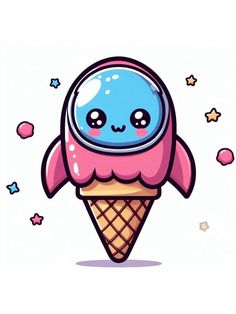 an ice cream cone with a cute cartoon character on it's face and eyes