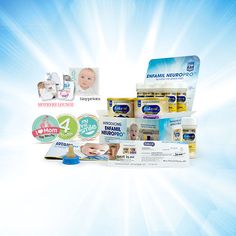 an assortment of baby products displayed on a blue and white background with sunburst