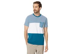 Original Penguin Short Sleeve Color-Block Tee - Men's Clothing : Blue Coral : With its subdued color-block design and super-comfy style, the Original Penguin Short Sleeve Color-Block Tee offers you a fresh way to ground you cool and casual wardrobe. Slim fit. Ribbed neck and short sleeves. Pull-on style. Straight hem. 100% cotton. Machine wash, tumble dry. Imported. Measurements: Length: 29 in Product measurements were taken using size MD. Please note that measurements may vary by size. Casual Color Block Short Sleeve T-shirt, Color Block T-shirt For Sports In Summer, Color Block T-shirt For Summer Sports, Casual Blue Color Block T-shirt, Color Block Short Sleeve Athleisure Tops, Athleisure Color Block Short Sleeve Tops, Casual Sports Tops With Contrast Panels, Color Block Tee, Blue Coral