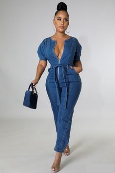 Always Sexy in Designs In VOGUE! This denim jumpsuit is botch classy and sexy. Pair with heels for a night out or combat boots for a casual look. Denim Jumpsuit Zip Closure Waist Tie Stretch Puff Sleeve Model is wearing size small Denim And Pearls, Blue Shirt With Jeans, Denim Jumpsuits, Stretch Jumpsuit, Jean Jumper, Sleeve Model, Denim Jumpsuit, Waist Tie, Jean Shirts