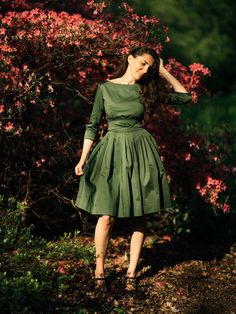 Green Bridesmaid Dress, Cotton Dress, Circle Dress ❃ The power of a beautiful dress is not to be underestimated. The right dress can transform your confidence and break hearts from across the room. Unlock that power with this simply beautiful 1950s dress. ❃ This stylish dress showcases the classic features of a 1950s dress. The fitted bodice gives way to an hourglass-seamed waist and super full, pleated skirt that closes with a hidden zipper at the back. Wide sash ties around the waist to give a Spring Mid-length Dress With Pleated Hem, Chic Cotton Dresses With Pleated Waist, Chic Cotton Dress With Pleated Waist, Pleated Fit And Flare Full Skirt Dress, Fit And Flare Full Pleated Dress, Spring Midi Dress With Box Pleat, Spring Dresses With Box Pleat And Full Skirt, Elegant Cotton Dress With Pleated Waist, Chic Cotton Dresses With Full Skirt