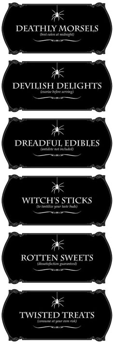 six black and white labels with the words witches, devils, devilish delights, dracula