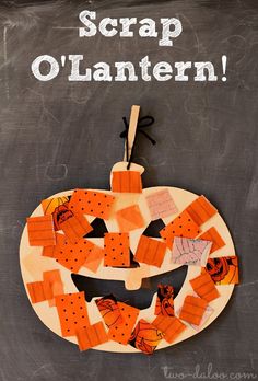 a paper pumpkin made to look like it is hanging on a chalkboard with the words scrap o'lantern