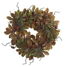 a wreath with red berries and green leaves