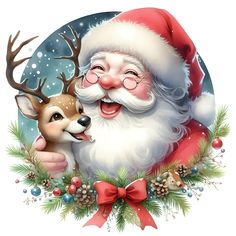 a christmas card with santa claus holding a deer in his lap and smiling at the camera