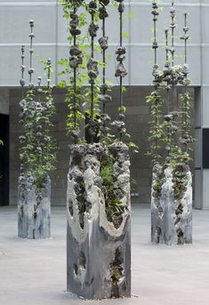 there are many trees that have been placed in the concrete pillars with plants growing out of them