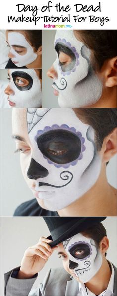 Day of the Dead Face Painting Tutorial for Boys: Celebrate the spiritual holiday of Día de los Muertos with sugar skull makeup Makeup Dia, Sugar Skull Face Paint, Karneval Diy, Holiday Makeup Tutorial, Skull Face Paint, Sugar Skull Face, Disney Coco