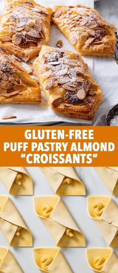 gluten - free puff pastry almond croissants with text overlay