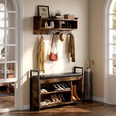 there is a coat rack with shoes and purses on the shelf next to it