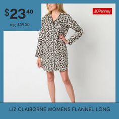 Build your sleep wardrobe for the cooler months with this chic Liz Claiborne women's long-sleeve nightshirt. Crafted from a super-soft flannel in a plaid print, this knee-length pajama shirt has a notch collar, a chest pocket, and a button closure. Closure Type: ButtonNeckline: Collar NeckPockets: 1 Chest Slip PocketSleeve Length: Long SleeveSleeve Style: Cuffed SleeveApparel Length: 37.5 InchesFiber Content: 100% CottonFabric Description: FlannelCollar: Notch CollarCare: Tumble Dry, Machine Wa… Womens Flannel, Flannel Women, Notch Collar, Pajama Shirt, Night Shirt, Plaid Print, Soft Flannel, Liz Claiborne, Chest Pocket