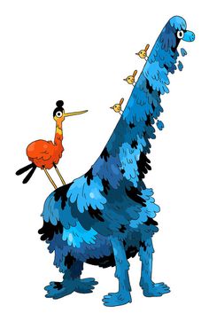 an image of a cartoon character on the back of a blue dinosaur with two birds