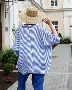 Uniform for summer. Linen shirt CABRERA in Cobalt blue stripes with short sleeves was designed for freedom of movement. Loose fit, spacious sleeves, lightweight linen fabric – all these features provide the feeling of lightness and comfort. To finalize the look of the uniform pair this linen shirt with linen shorts in the same color. You can also match it with linen pants. • Short sleeves linen shirt • Lightweight linen (approx. 125 gsm) Relaxed Striped Summer Tops, Relaxed Striped Tops For Summer, Summer Vacation Shirt With Vertical Stripes, Striped Linen Short Sleeve Top, Relaxed Blue Summer Shirt, Vertical Stripes Beach Shirt For Summer, Summer Beach Shirt With Vertical Stripes, Vertical Stripes Tops With Relaxed Fit For Vacation, Relaxed Fit Vertical Stripes Top For Vacation