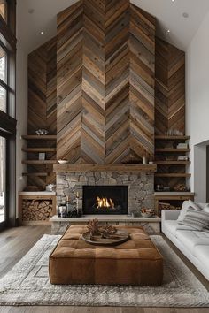 a living room with a fireplace and wooden walls