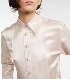 Acne Studios - Satin shirt | Mytheresa Silk Shirt With Lapel Collar For Work, Chic Party Shirt With Spread Collar, Chic Silk Shirt With Hidden Button Closure, Silk Workwear Shirt With Hidden Button Closure, Designer Silk Shirt For Work, Elegant Satin Shirt With Spread Collar, Silk Top With Lapel Collar For Formal Occasions, Silk Shirt With Hidden Button Closure For Work, Elegant Satin Top With Spread Collar