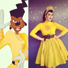 a woman in yellow dress next to an image of cartoon character dressed up as goofy