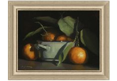 an oil painting of oranges and leaves in a white bowl on a black background