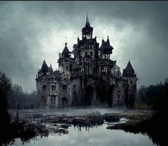 an old abandoned castle sitting in the middle of a swampy area with dark clouds