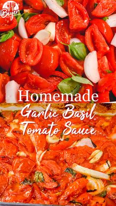 homemade garlic basil tomato sauce in a pan with tomatoes and onions on the side for garnish