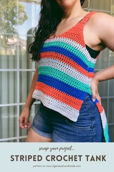 a woman wearing a crochet top with the text, find your beat tank