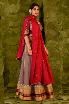 Bracken grey lehenga skirt with silk tape, woven border, aari gold zari beaten hand embroidery, beads work, zardozi, sequins, and gota patti, with floral embroidered blood red maroon broad waistband. Comes with blood red maroon embroidered blouse and dupatta. - Aza Fashions Designer Floor-length Lehenga With Embroidered Border, Floor-length Lehenga With Embroidered Border, Anarkali Choli With Embroidered Border For Reception, Embroidered Choli For Reception With Traditional Drape, Embroidered Choli For Reception, Embroidered Border Choli For Reception, Embroidered Lehenga For Eid Reception, Reception Lehenga With Embroidered Border, Embroidered Border Lehenga For Reception