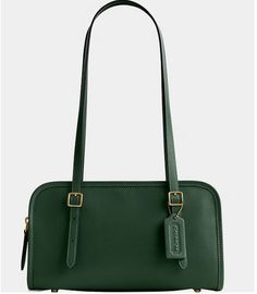 This is an authentic Coach Swing Bag. This stunning designer bag from Coach in the beautiful Hunter Green is the perfect addition to any stylish outfit. The bag is crafted from high-quality leather, with brass hardware accents and a zip closure for added security. The medium-sized bag features a solid pattern and a shoulder strap for easy wear. The interior is lined with luxurious green leather and there's an inside zip pocket to keep your belongings secured. The Coach Swing Zip Bag is part of the Coach Originals product line and is perfect for any fashion-conscious woman.  - This is a medium size bag; 10" (L) x 6" (H) x 3 1/4" (W)  - Glovetanned leather in green  - One credit card slot and an inside zip pocket  - Zip closure at the top and leather lining  - Adjustable handles with 10 1/2" Medium Sized Bags, Stylish Outfit, Zipped Bag, Designer Bag, Hunter Green, Green Leather, Solid Pattern, Brass Hardware, Easy Wear