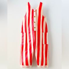 Size 3 Long Striped Zara Jumpsuit Sold Out Online Playful Red Jumpsuits And Rompers For Summer, Playful Red Summer Jumpsuit, White Overalls For Spring Playtime, White Overalls For Playtime In Spring, Red Cotton Jumpsuit For Playtime, Spring Playtime White Overalls, Playful White Overalls For Spring, Red Cotton Summer Overalls, Red Cotton Overalls For Summer