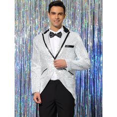 It's suitable for magician and chorus conductor for event and show. This special designed sparkle suit blazer quite fits your need for stage performance, parties, Halloween costume to be a unique one. Suitable for you to pair with other shiny clothes such as metallic pants and glitter shirts for a remarkable look. Wonderful special gift for your brothers, friends or boyfriend. Long Sleeve Suits For Winter Party, White Tuxedo-style Party Outerwear, White Tuxedo Style Party Outerwear, Party Suits With Sequins, Sequin Party Suits For Party Season, Sequin Party Suits, White Long Sleeve Tuxedo For Party, Fitted Outerwear For Christmas Costume Party, Sequin Wedding Blazer For Winter