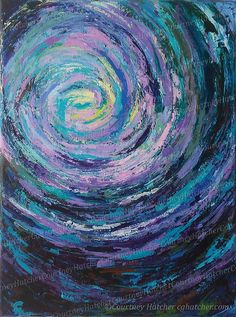 an abstract painting with blue, purple and green colors in the center on a black background